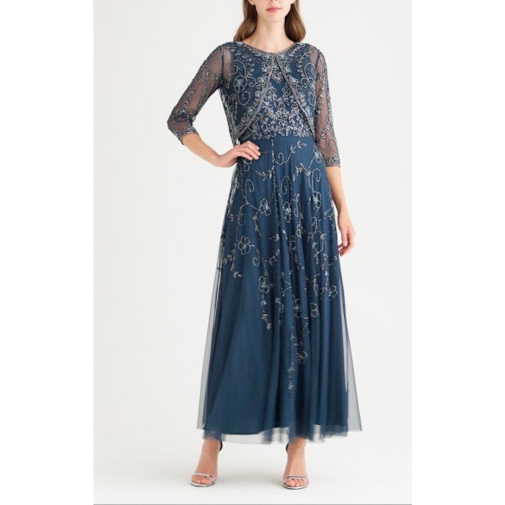 Pisarro Nights Beaded Mesh Gown Jacket Sapphire Blue NWT Women’s 16
